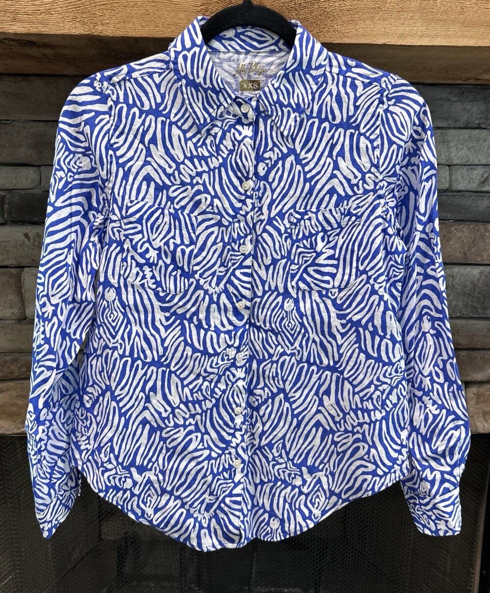 Women’s LILLY PULITZER Sea View Button Up Blue/White Linen Button Shirt XXS *B8